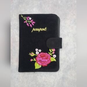 Passport Wallet Black Velvet Floral  Embroidered